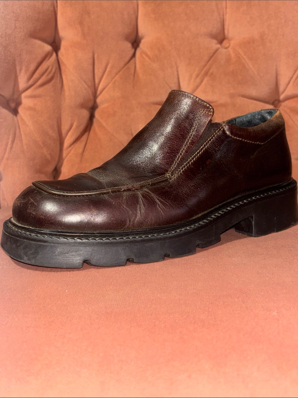Aldo chunky lug sole burgundy brown leather loafer slip on punk grunge shoe 41
